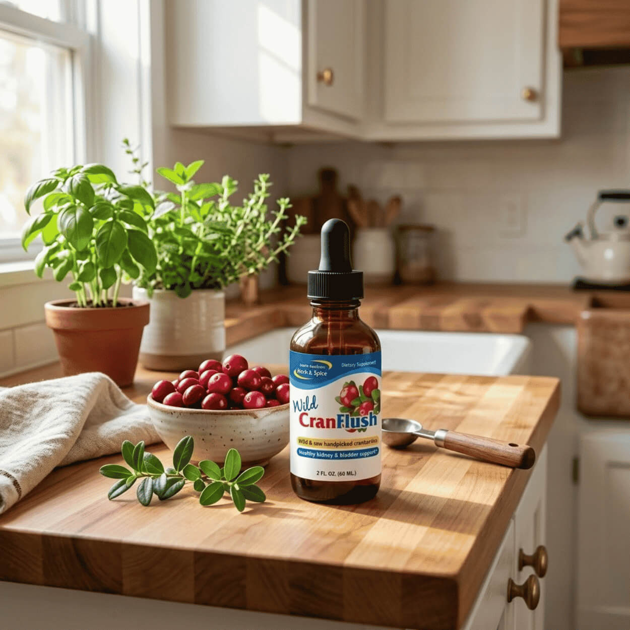 The image shows a CranFlush product dropper bottle on a sunny wooden kitchen counter, next to a bowl of fresh cranberries and green herbs in pots.